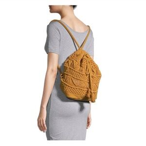 Drawstring Backpack Mustard Yellow Crochet Details New
